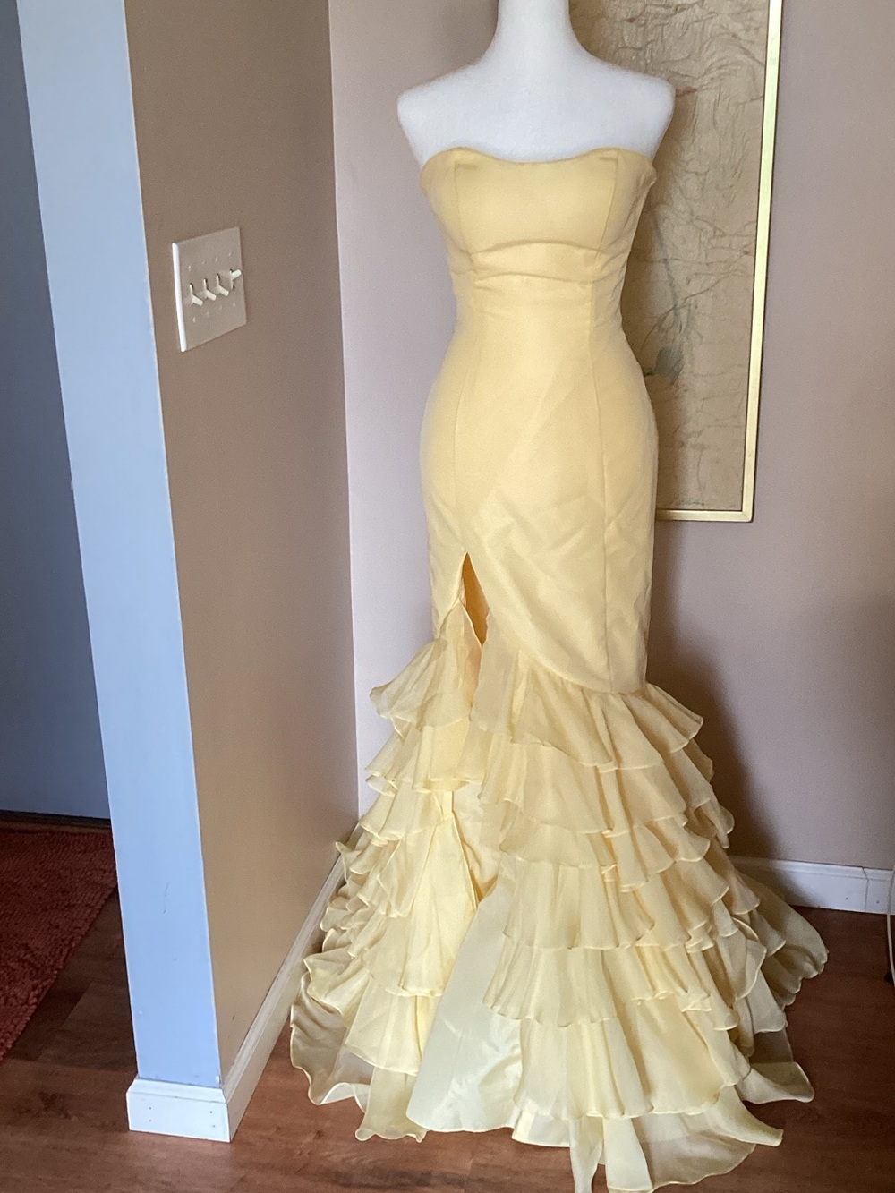 Sherri Hill Strapless Pale Yellow Ruffle Mermaid Gown